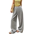thumbnail image 2 of Women's Pinstripe Linen Palazzo Pants Elastic Drawstring High Waist Flowy Wide Leg Loose Summer Beach Trousers With Pockets Black S, 2 of 6