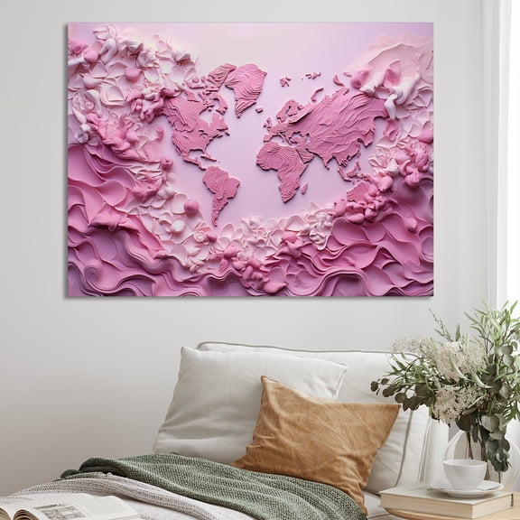 Designart "Whimsical Pink Waters On The World Map" World Map Canvas Prints