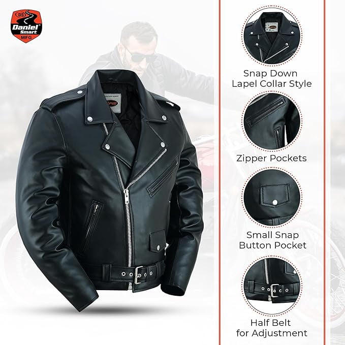 Daniel Smart Men Motorcycle Faux Leather Jacket - Black Economy Zip Up Moto Biker Jacket with Plain Side and Multiple Pockets