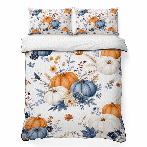 Full Quilt Bedding Set, Fall Thanksgiving Pumpkin Floral Soft Microfiber Summer Bedspread Coverlet with 2 Pillow Shams for All Season, Autumn Harvest Leaves Breathable Bedding Set for Hot Sleepers
