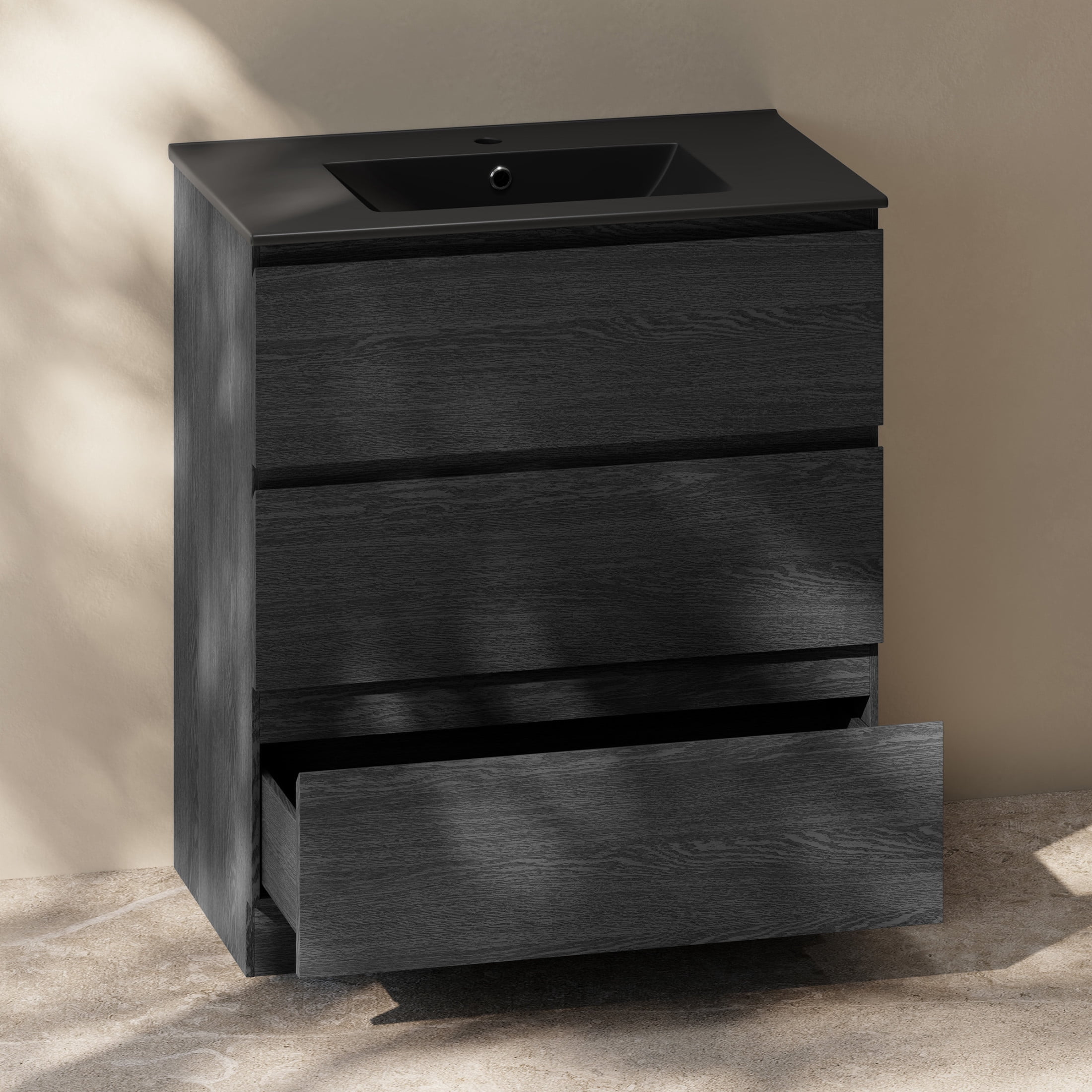 Liberte 30" Freestanding Bathroom Vanity in Black Oak with Black Sink Top