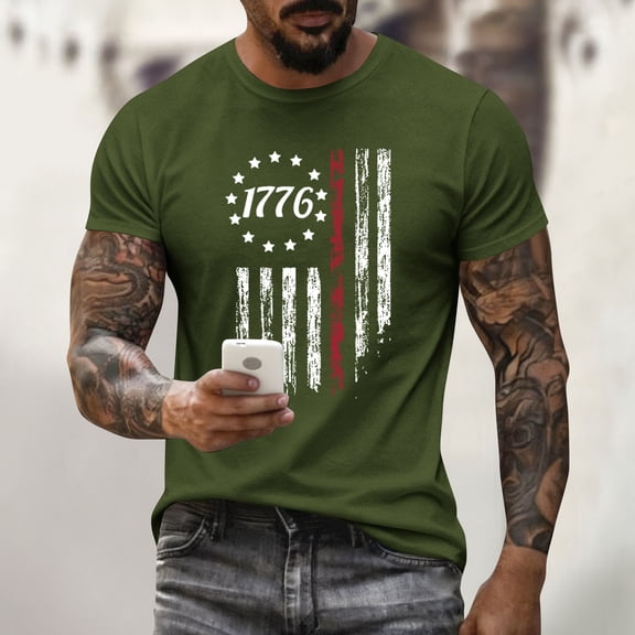 America 250 Years T Shirts for Men Patriotic Star American Flag Print Crew Neck Short Sleeve Shirts Big and Tall Regular Fit Soft Home Wear Tops, Army Green, #01 Army Green