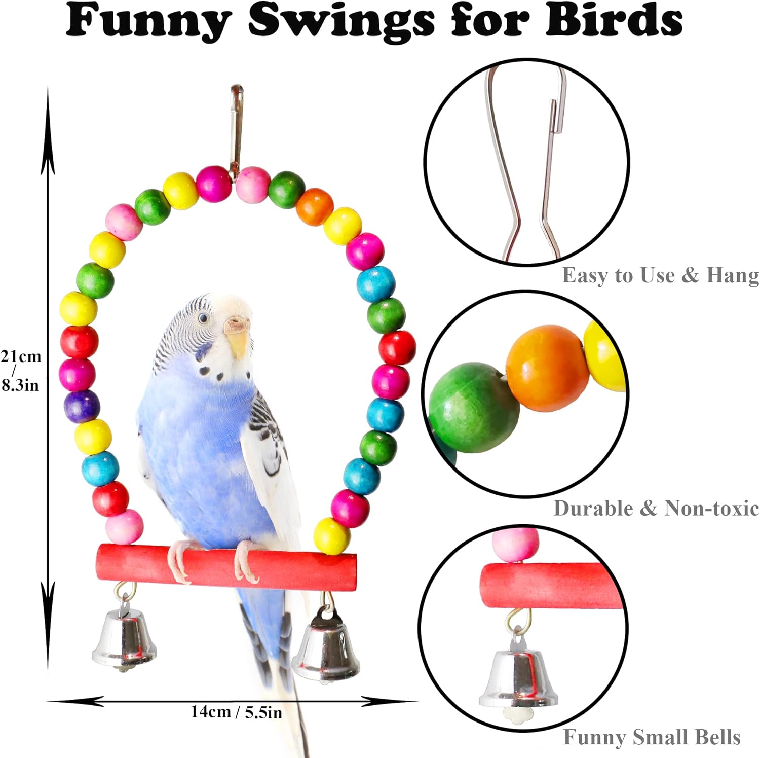 Parakeet Cockatiel Bird Toys, Parrots Cage Accessories Swing Wooden Perch Chewing Toy for Budgerigar, Conures, Love Birds, Finches, Budgies
