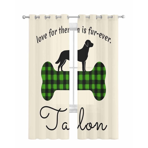 Green Black Buffalo Checkered Sheer Curtains 84 Inch Length 2 Panels Set for Living Room/Bedroom, Bones Cute Dogs Pets Kitchen Curtains Grommet Semi-Sheer Curtains Drapes Window Treatments 42"x84"x2