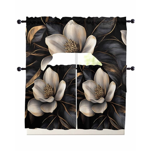 Black Gold Flower Kitchen Curtains Sets 24 Inch Length with Valance, Gradient Luxurious Floral Botanical Swag Valances and Tiers Curtain Set Drapes Swag Curtains for Living Room, Bathroom, Bedroom