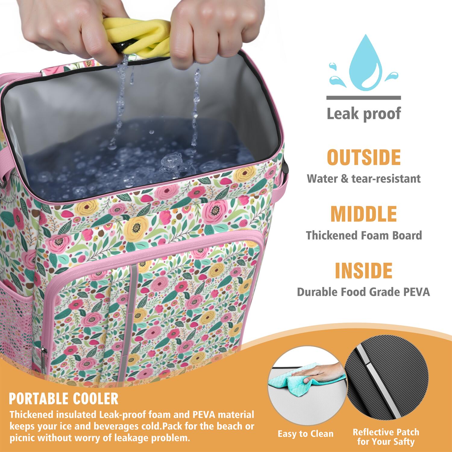 Travel Cooler Bag - Pioneer Flower Floral Print Pattern Camping Beer Cooler Backpack with Bottle Opener- Waterproof Insulated Picnic Backpacks - Cooler Bag for Beach