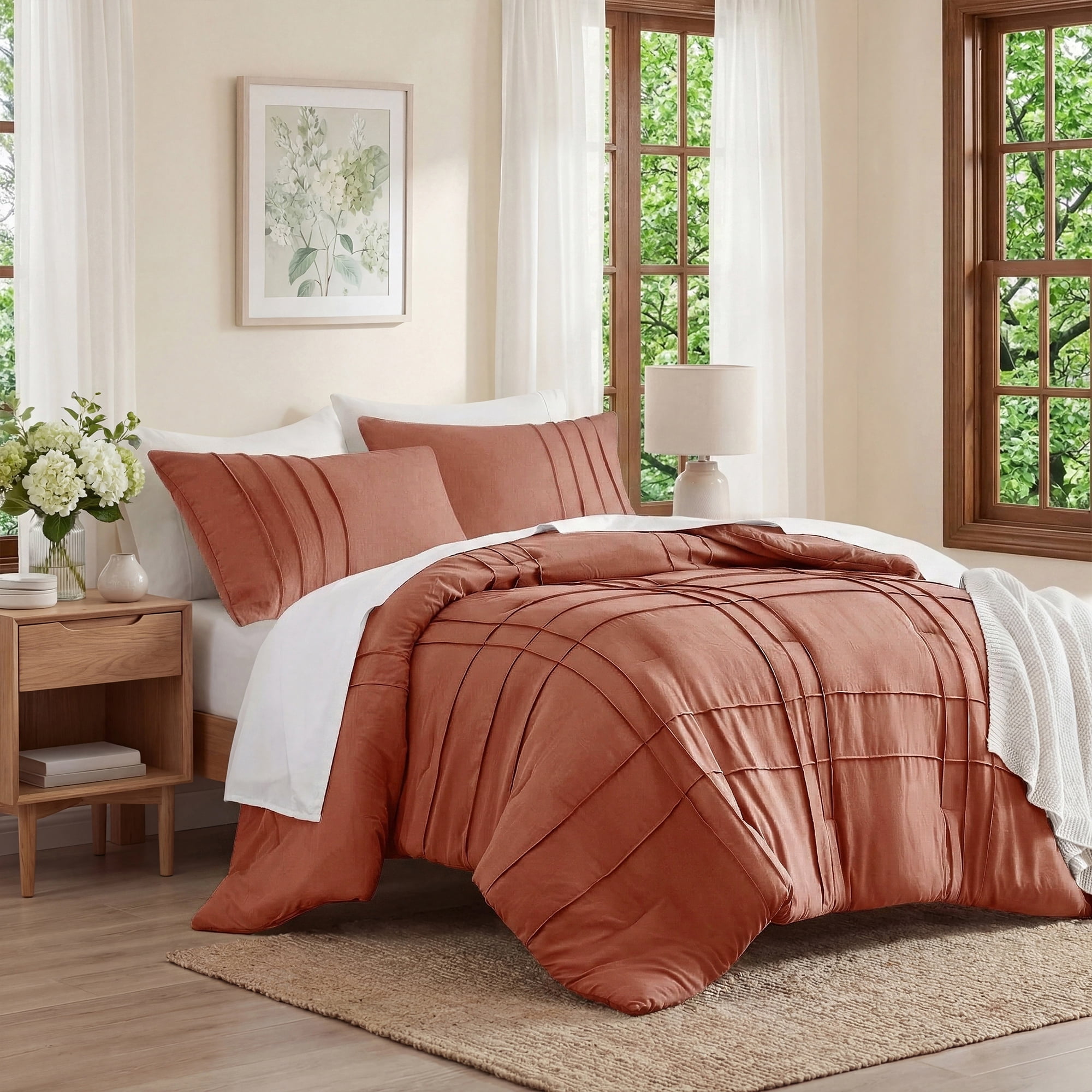 Regency Heights Full/Queen Comforter Set, Boho 3-Piece Pintuck Stitching Bedding Set, Soft Washed Pleated Bed Sets with Pillow Shams, Burnt Orange