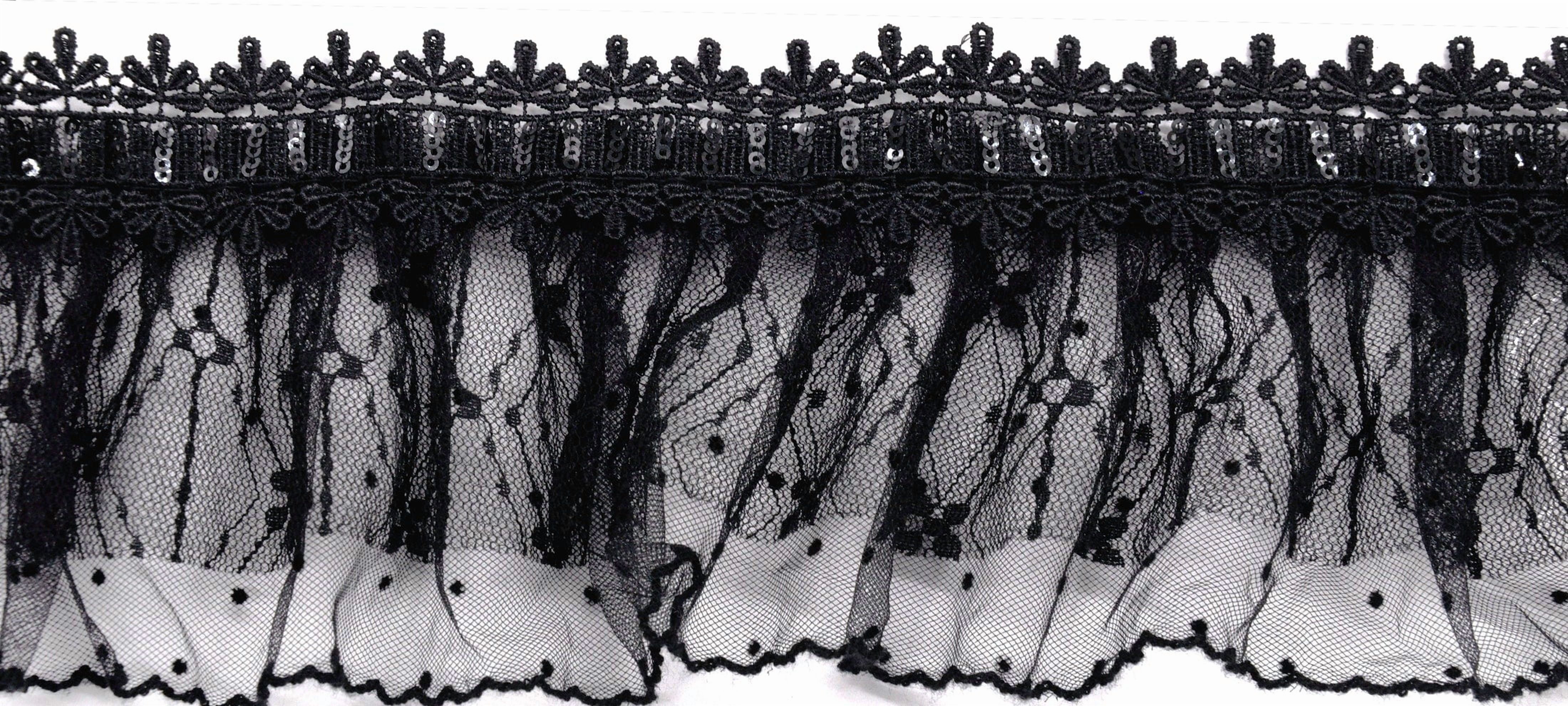 Belagio Enterprises - 3 1/2" Width Doubled Gathered Lace (10 Yard Roll) - BRL-802-02 Black