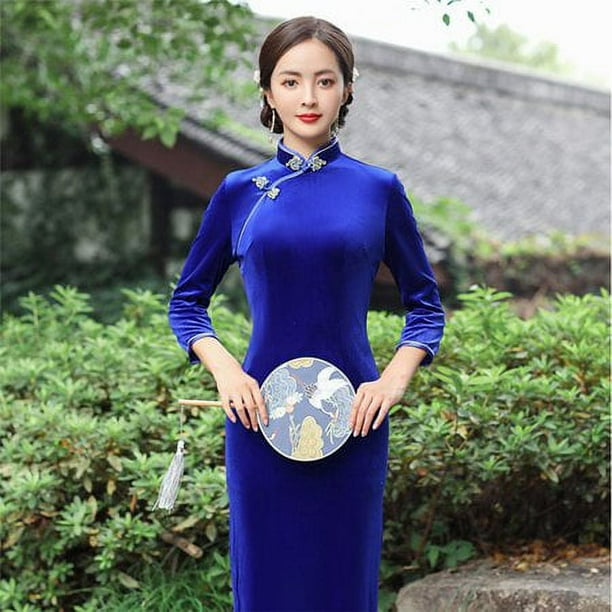 ALSLIAO Nuevo y lujoso vestido largo de terciopelo para mujer, cheongsam chino ajustado, qipao azul real M