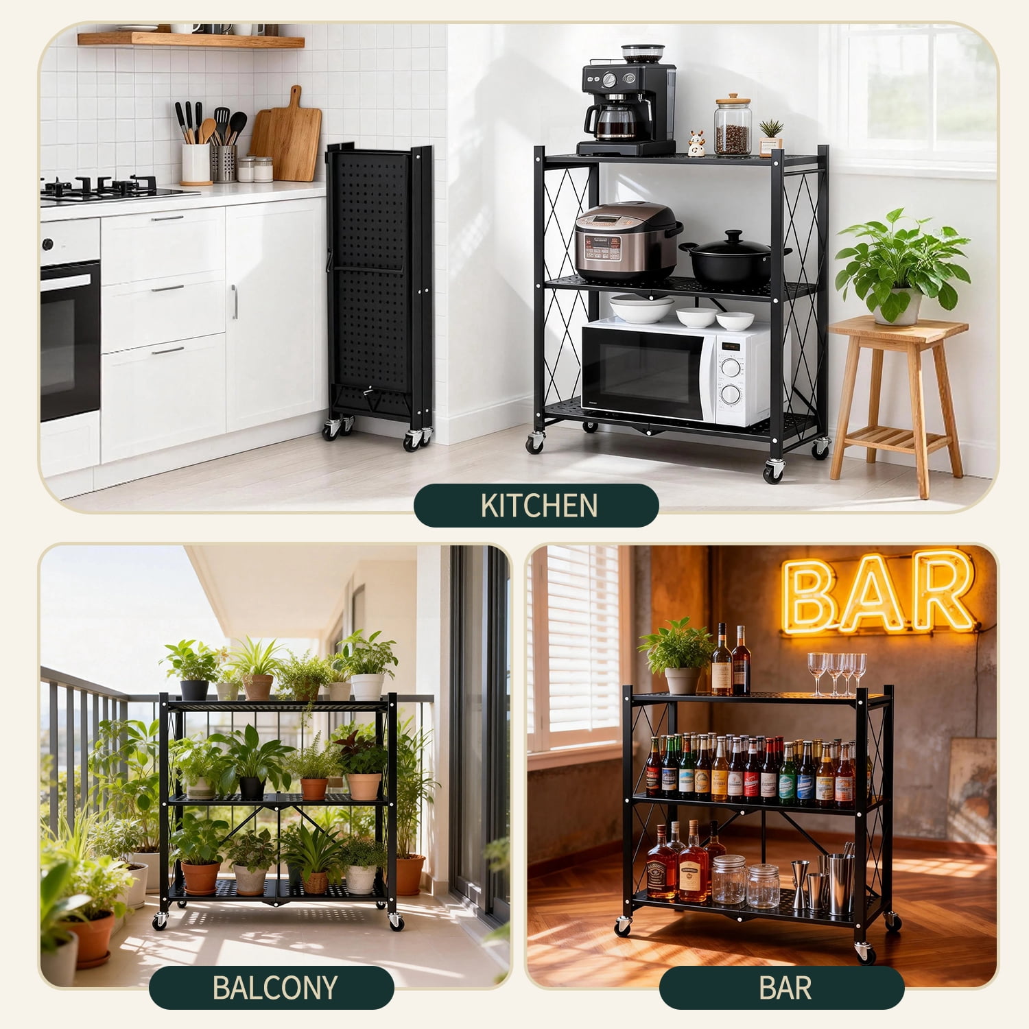TAIMASI 3-Tier Foldable Metal Shelf with Wheels, Heavy-Duty Movable Wire Rack for Garage, Kitchen, Basement, Pantry Storage, 28''L x 13.4''W x 34.7''H-Black