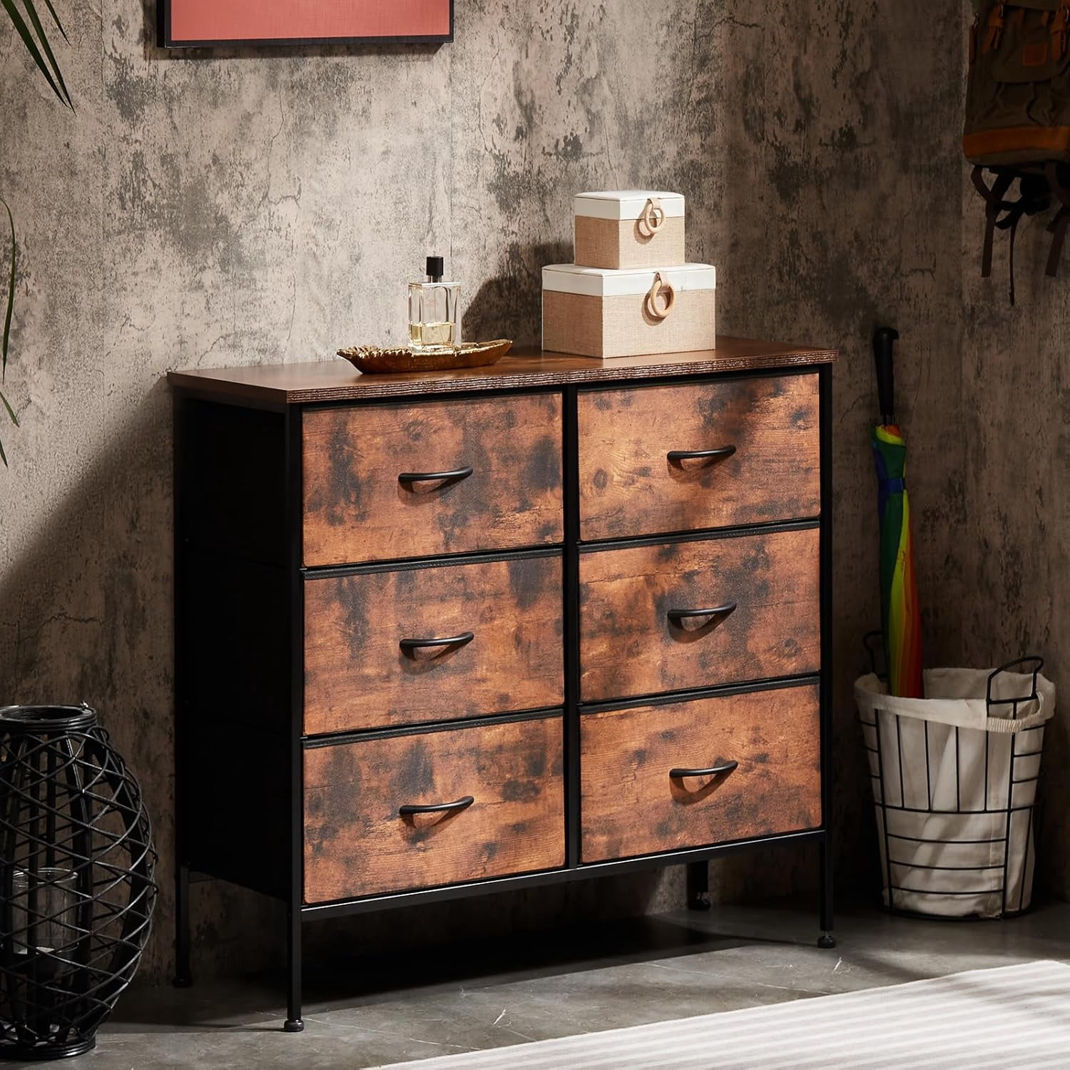 【Holiday Ready】6-Drawer TV Stand & Dresser, Multifunctional Furniture with Fabric Storage for Living Room, Bedroom, Rusty Brown
