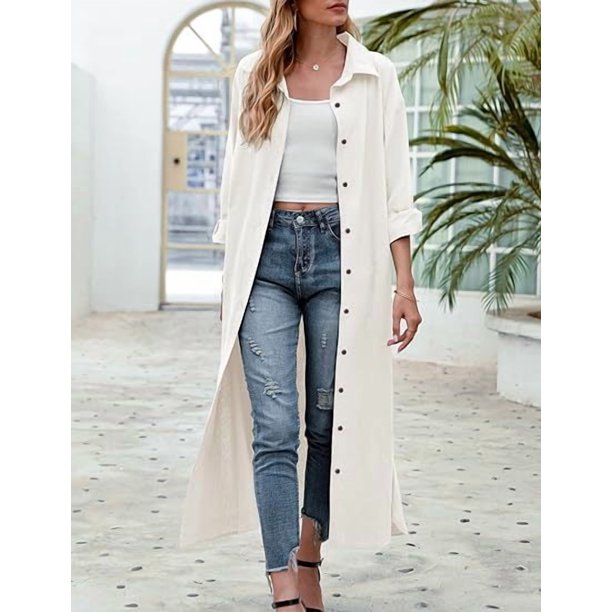 Robe chemise à manches longues en coton et lin pour femmes, chemise boutonnée à revers, été, 2024