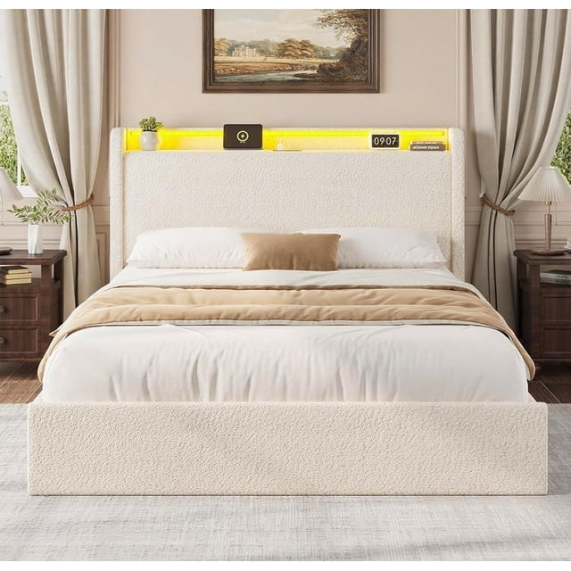 Full Size Bed Frame with 4 Storage Drawers & Storage Headboard, Platform Bed Frame with Charging Station, USB Ports and LED Light, Noise-Reducing Metal Support, No Box Spring Needed