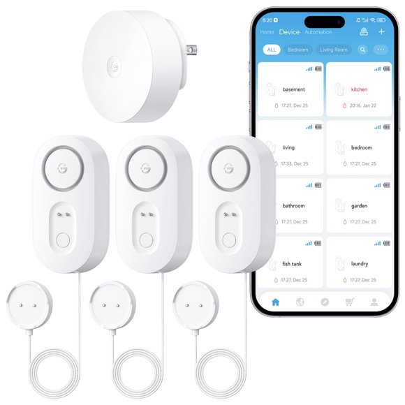 Detector inteligente de fugas de agua GoveeLife WiFi 1,5 m de cable, pack de 3