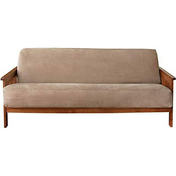 SureFit Home Décor Soft Suede and Sherpa Futon Slipcover, Form Fit, Polyester, Machine Washable, One Piece, Taupe Color