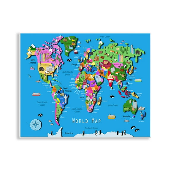 Stupell Industries Educational World Map Travel & Places Painting Unframed Art Print Wall Art, 14 x 11