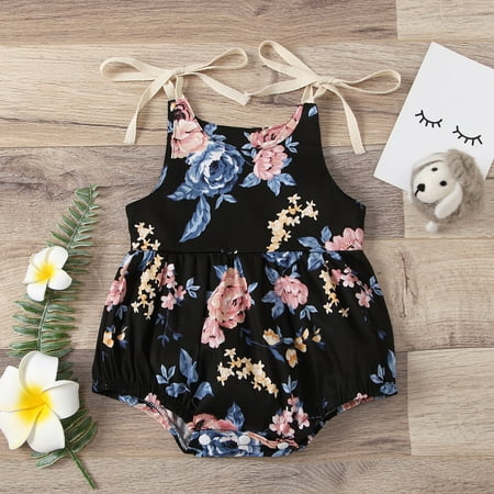 

Hunpta Romper Black Flower Jumpsuit Sleeveless Sling Baby Printed White Summer Girl Girls Romper&Jumpsuit