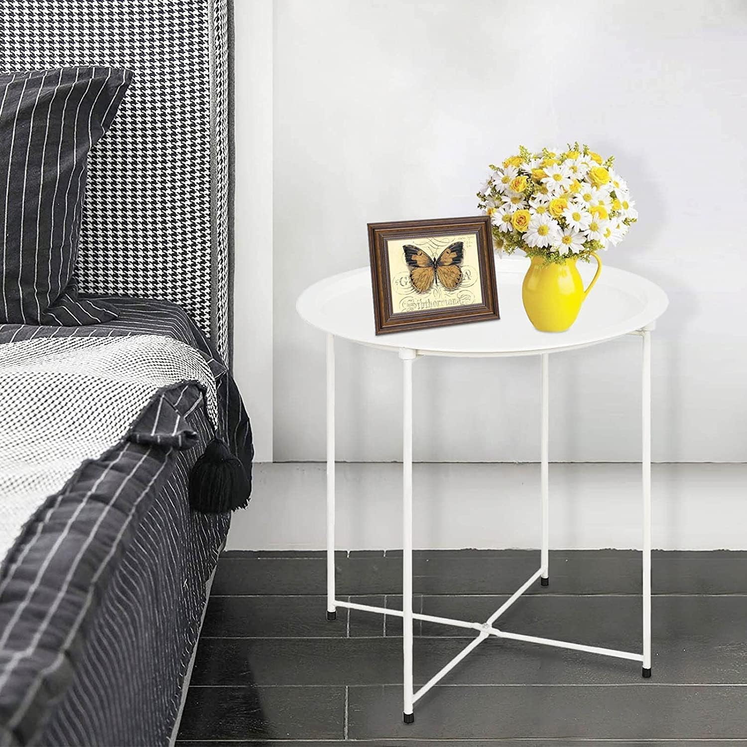aboxoo Folding Tray Metal Side Table 2PC White Round End Table Cyan Sofa Small Accent Fold-able Table, Round End Table Tray, Next to Sofa Table, Snack Table for Living Room and Bed Room