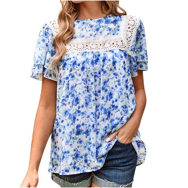 Blusa de manga corta con cuello redondo informal de primavera y verano con estampado de mujer OAVQHLG3B Store lin121212