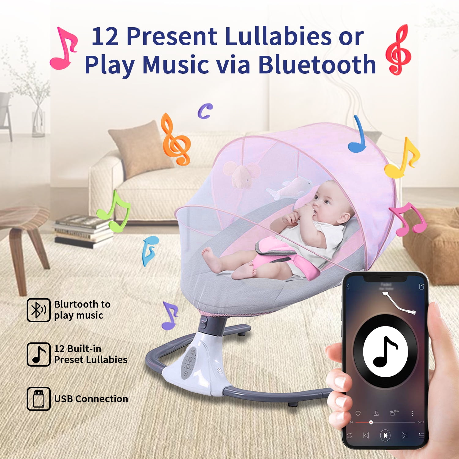 Hurber Electric Baby Swing, Infant Bouncer Chair with Remote Control, Bluetooth Music, 12 Lullabies, 4 Speeds, 4 Timing Set, Unisex, Pink