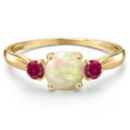 thumbnail image 3 of Gem Stone King 10K Yellow Gold White Ethiopian Opal and Red Created Ruby 3-Stone Ring for Women | 0.84 Cttw | Round Cabochon 6MM | Gemstone October Birthstone | Size 9, 3 of 6