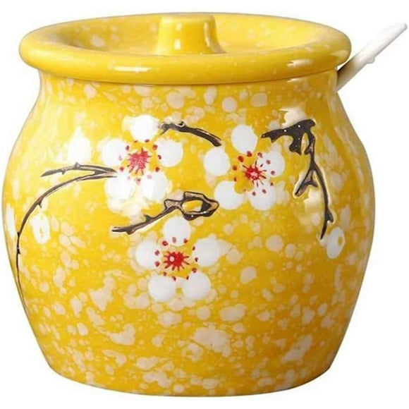 Japanese Flower Sugar Bowl Seasoning Pot Salt Storage Jar with Lid Spoon