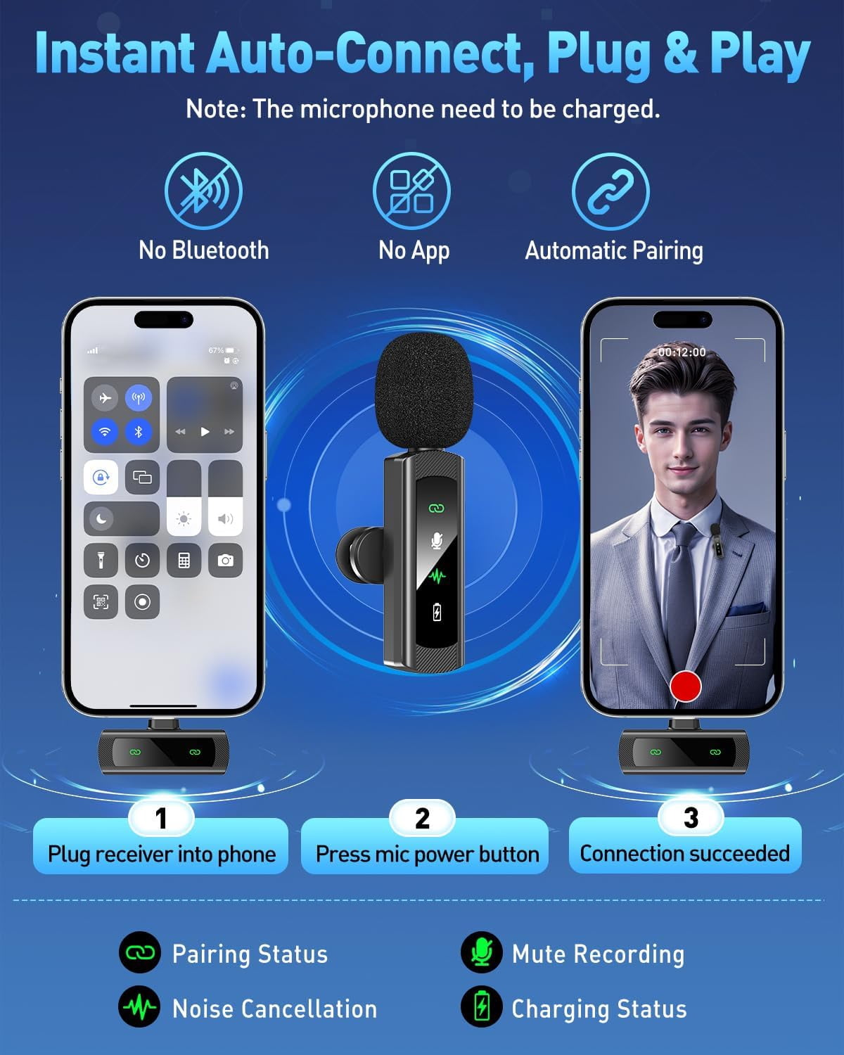 USB C Wireless Lavalier Microphone for iPhone 15 16, Mini LED Display Microphone for Android with Noise Reduction, Lapel Magnetic Clip-on Mic for Recording Content Creator Vlog Tiktok YouTube