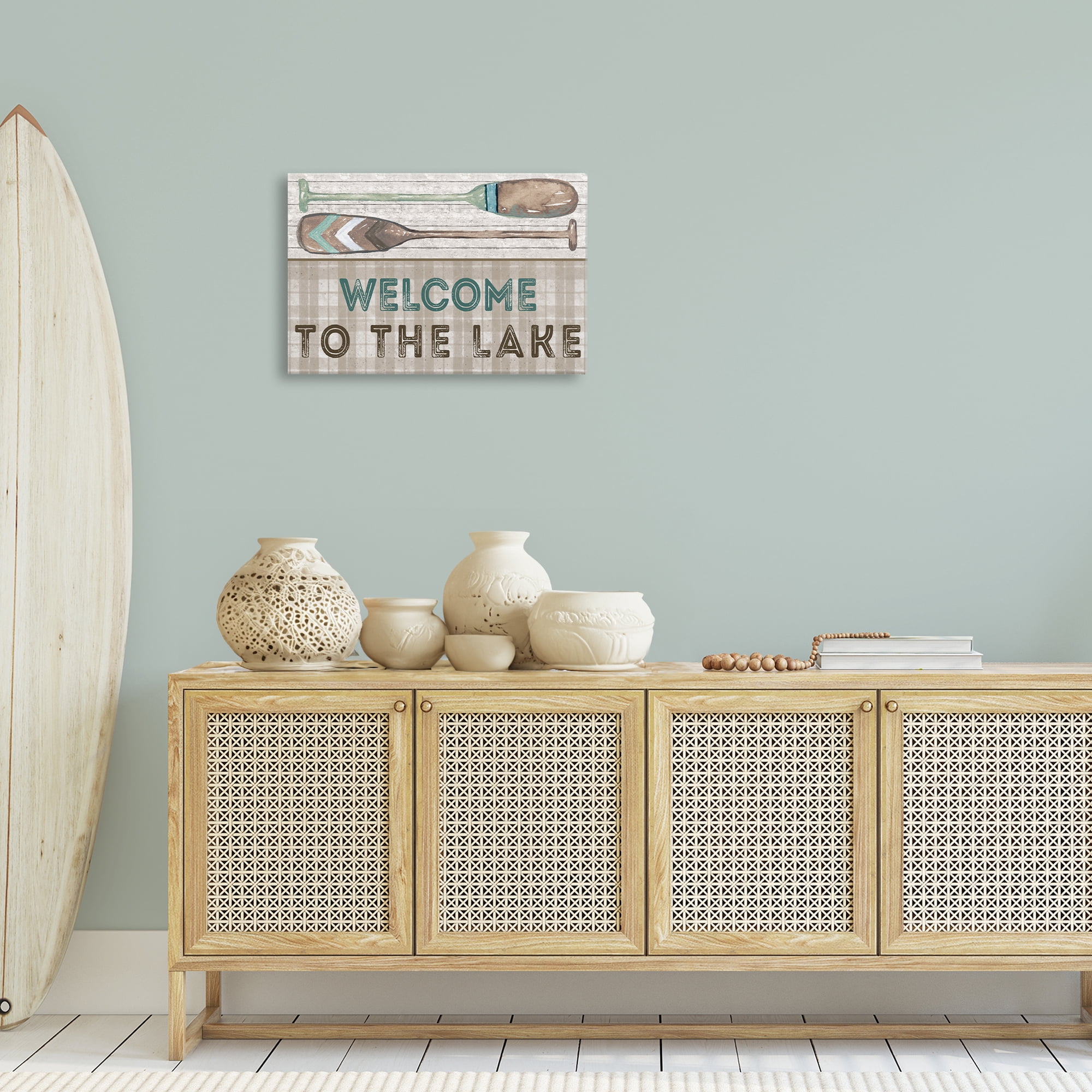Stupell Industries Rustic Welcome Lake Oars Typography Painting Gallery Wrapped Canvas Art Print Wall Art, 24 x 16