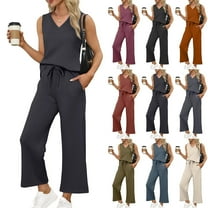 bbyeadc Travel Outfits for Women 2 Piece Sets V Neck Sleeveless Lounge Travel Outfits for Women Wide Leg Drawstring Matching Sets Women Soft Sets for Women Clothing, Navy L