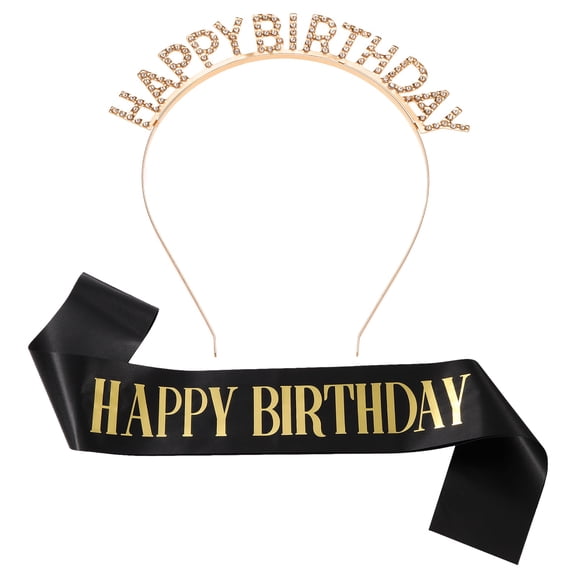 Uxcell Birthday Crown and Sash, Birthday Sash for Women Rhinestone Tiara for Party Favor Decorations Gifts, Black-Gold
