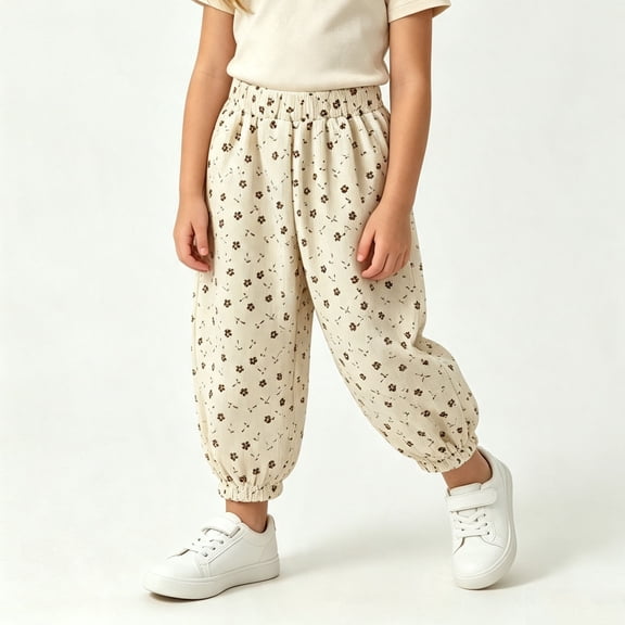 fnnxnal Girls Corduroy Floral Balloon Pants with Elastic Waist, Casual Pull-On Trousers for Kids, Beige,Size 1-2 T
