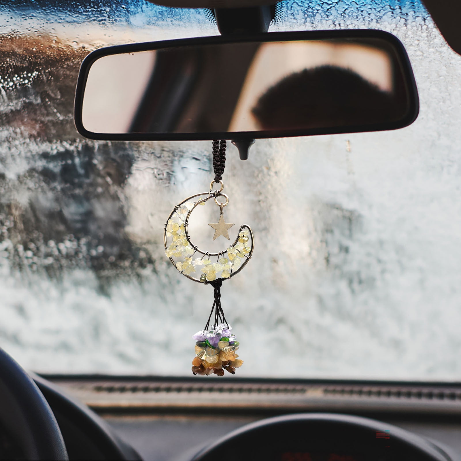 Crochet Flower Car Accessories - Handmade Rear View Mirror Hanging Charms, Boho Decor For Cars, 3 Pack Pink Purple White 4 thumbnail image