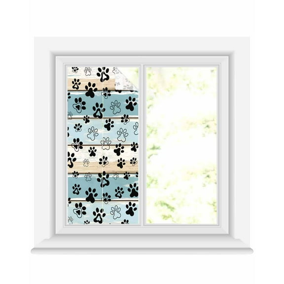 Window Privacy Film Blue Beige Paw Print Stained Glass Window Film Decorative Sun Block Window Cover Vintage Farmhouse Country Wood Grain Window Clings Static Sticker for Bathroom 17.7"x39.3"