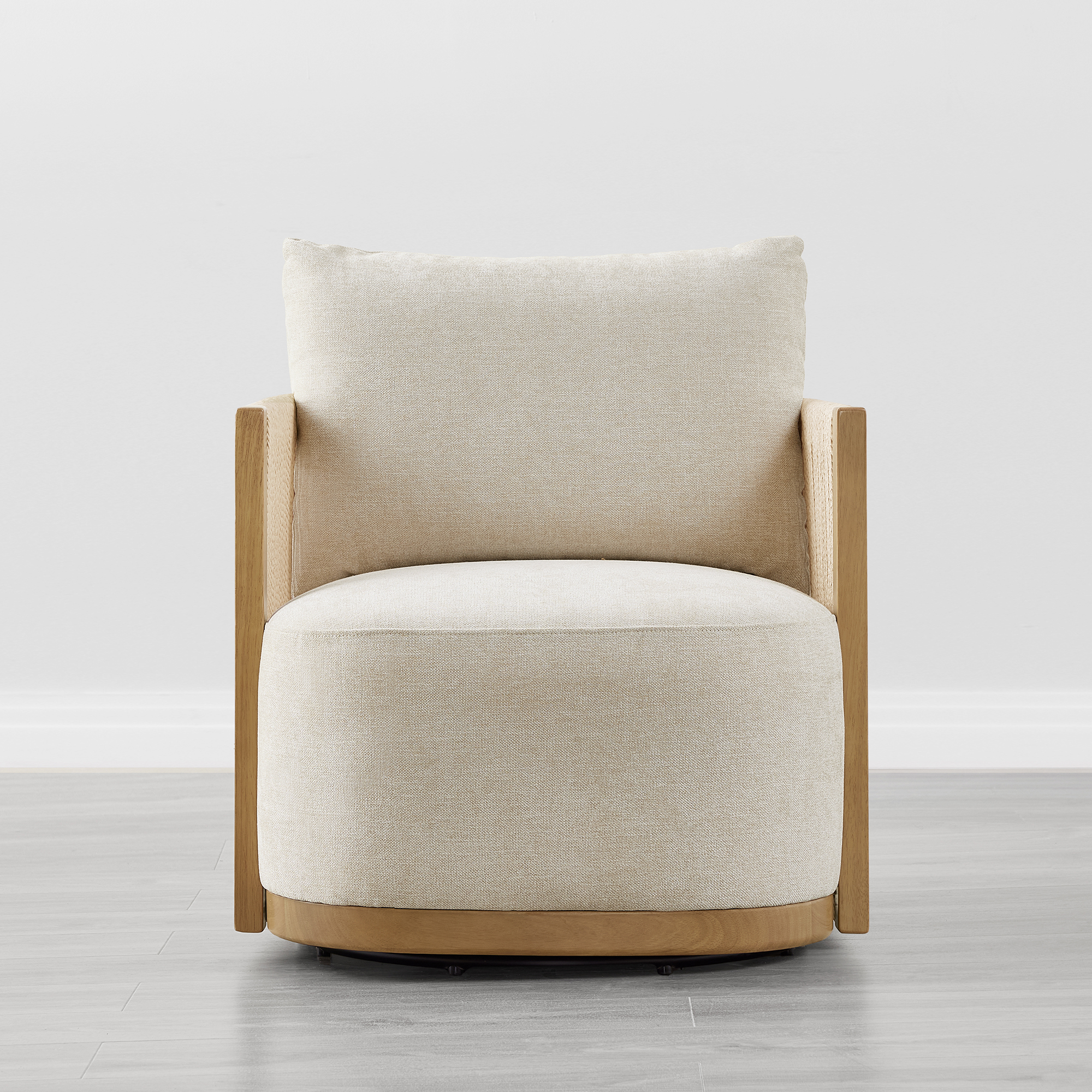 Spruce & Spring Boho Swivel Accent Chair with Hand-Woven Paper Cord and Solid Wood Frame, Single, Linen