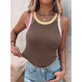 thumbnail image 5 of Women's Round Neck Color Block Bra Lined Tank Top Dark Brown S, 5 of 8