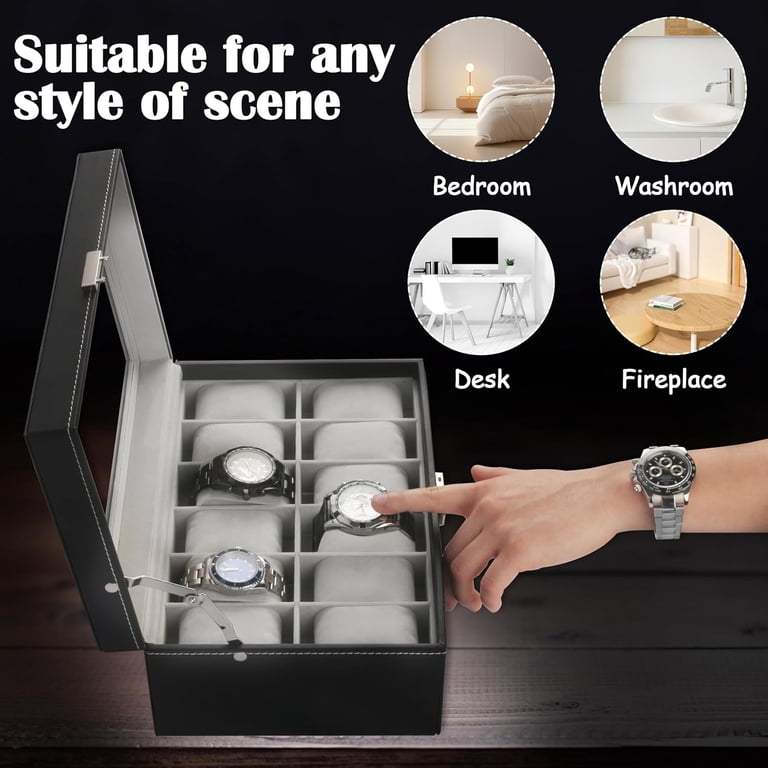 Bibana 12-Slot Watch Box with Glass Lid & Lock photo 6