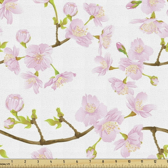 Ambesonne Plant Watercolor Fabric by the Yard Upholstery, Japanese Blossoms, 1 Yard, Pale Pink Fawn