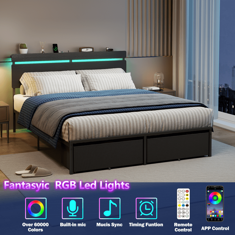Satifur Queen Bed Frame with Storage Drawers and LED Lights photo 5