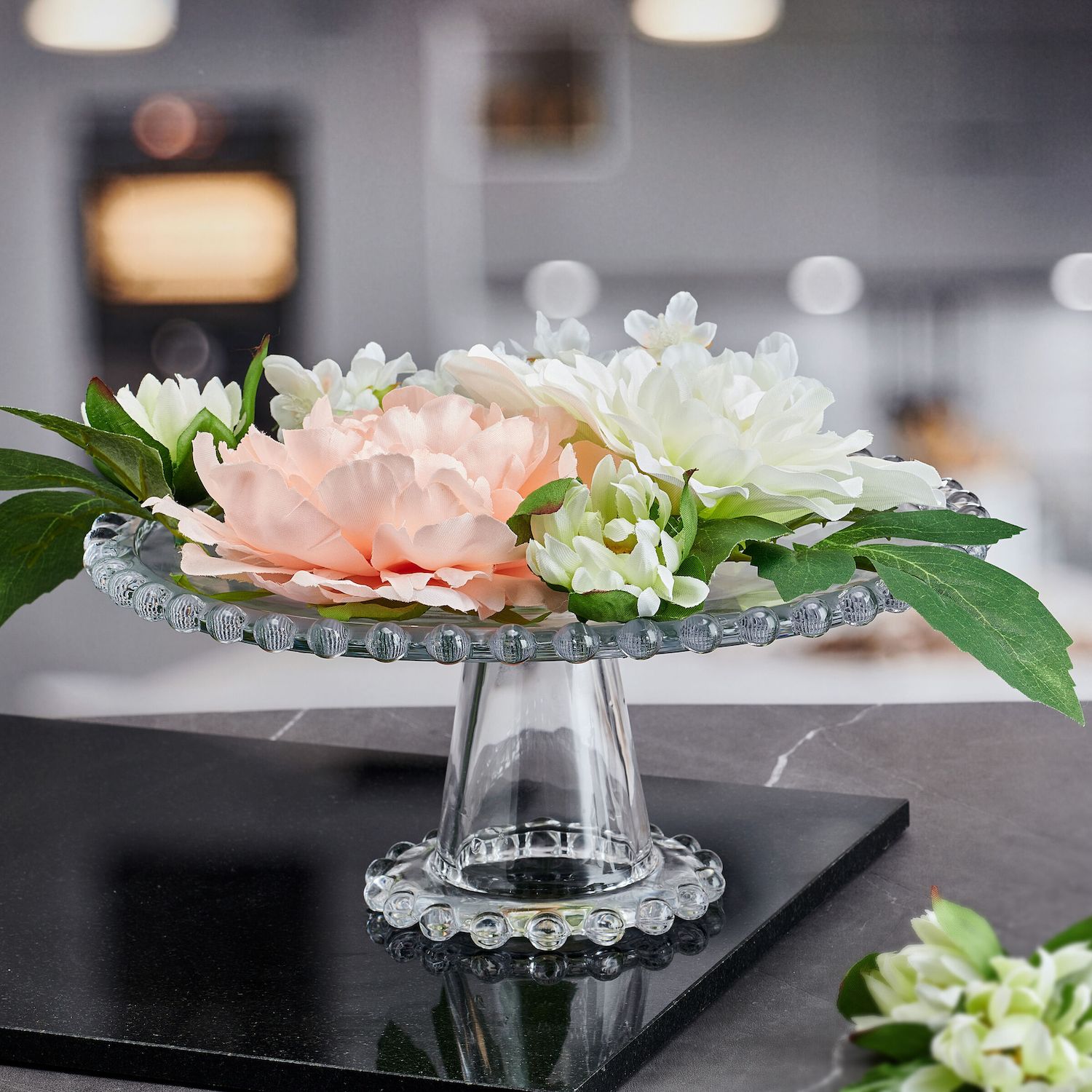 Fitz and Floyd Beaded 10.75 in Clear Glass Cake Stand