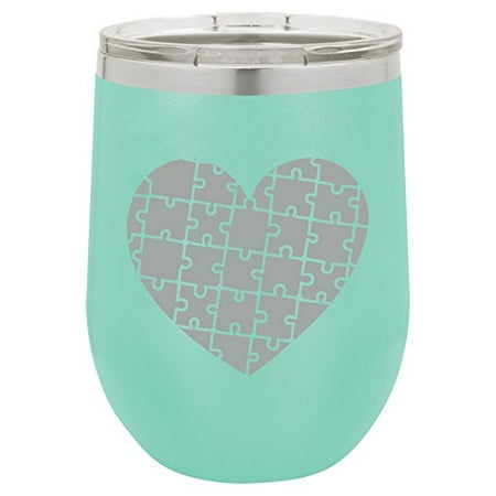 

12 oz Double Wall Vacuum Insulated Stainless Steel Stemless Wine Tumbler Glass Coffee Travel Mug With Lid Heart Puzzle Autism (Teal)