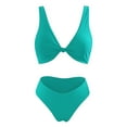 thumbnail image 3 of Womens Bikinis Solid V Neck Knot Front Push Up Swimwear High Leg Cheeky Thong Two Piece Swimsuit Summer Beachwear Bikini Set, 3 of 4