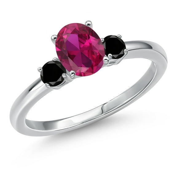 Gem Stone King 14K White Gold Red Created Ruby and Black Diamond Engagement Ring for Women | 1.05 Cttw | Oval 7X5MM | Gemstone July Birthstone | Size 8