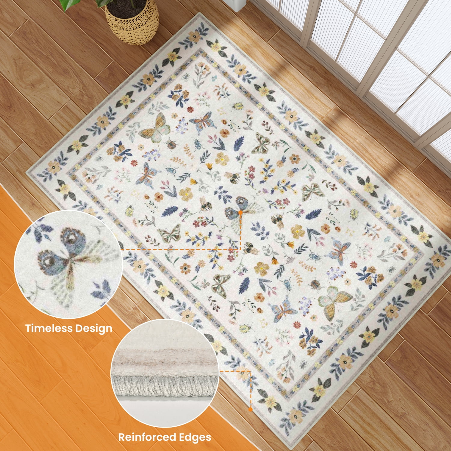 Area Rugs for Living Room, Homasen 8'x10' Washable Indoor Rug Boho Butterfly Beige, Soft Low Pile Stain Resistant Carpet for Bedroom, Dinning Room