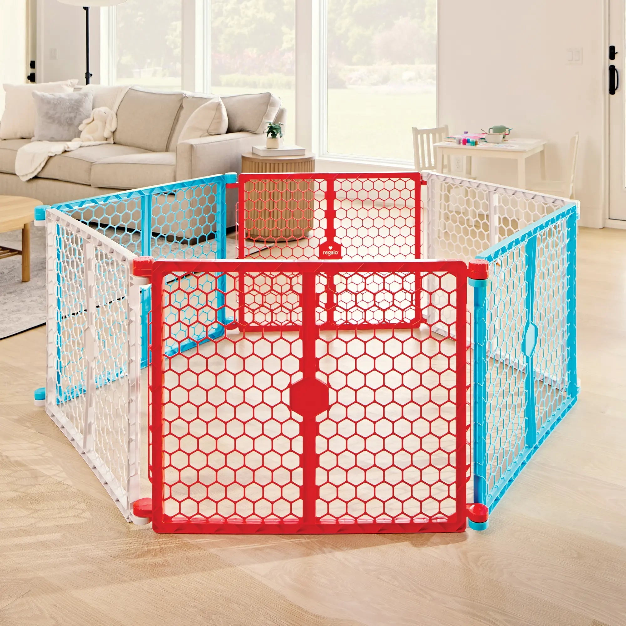 Regalo 2-in-1 Super Wide Baby Safety Gate and Play Yard, 192-Inch Coverage, Ages 6-24 Months, Red/White/Blue