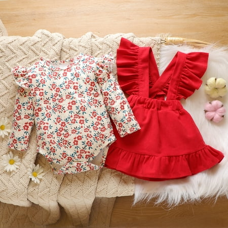 

PatPat 3pcs Baby Girls Floral Ruffle Romper Set Newborn Long Sleeve Bodysuit Romper with Suspender Swing Dress Headband Fall Clothes Infant Outfit Casual Overall Dress 0-12 Month