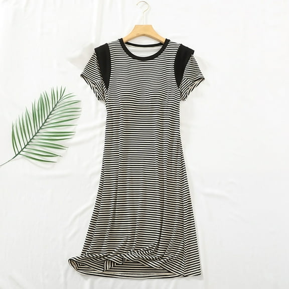 Sakmal Long Moomoo House Dress for Women Casual Black Cotton Sleepwear Short Sleeve Striped Nightgowns for Women