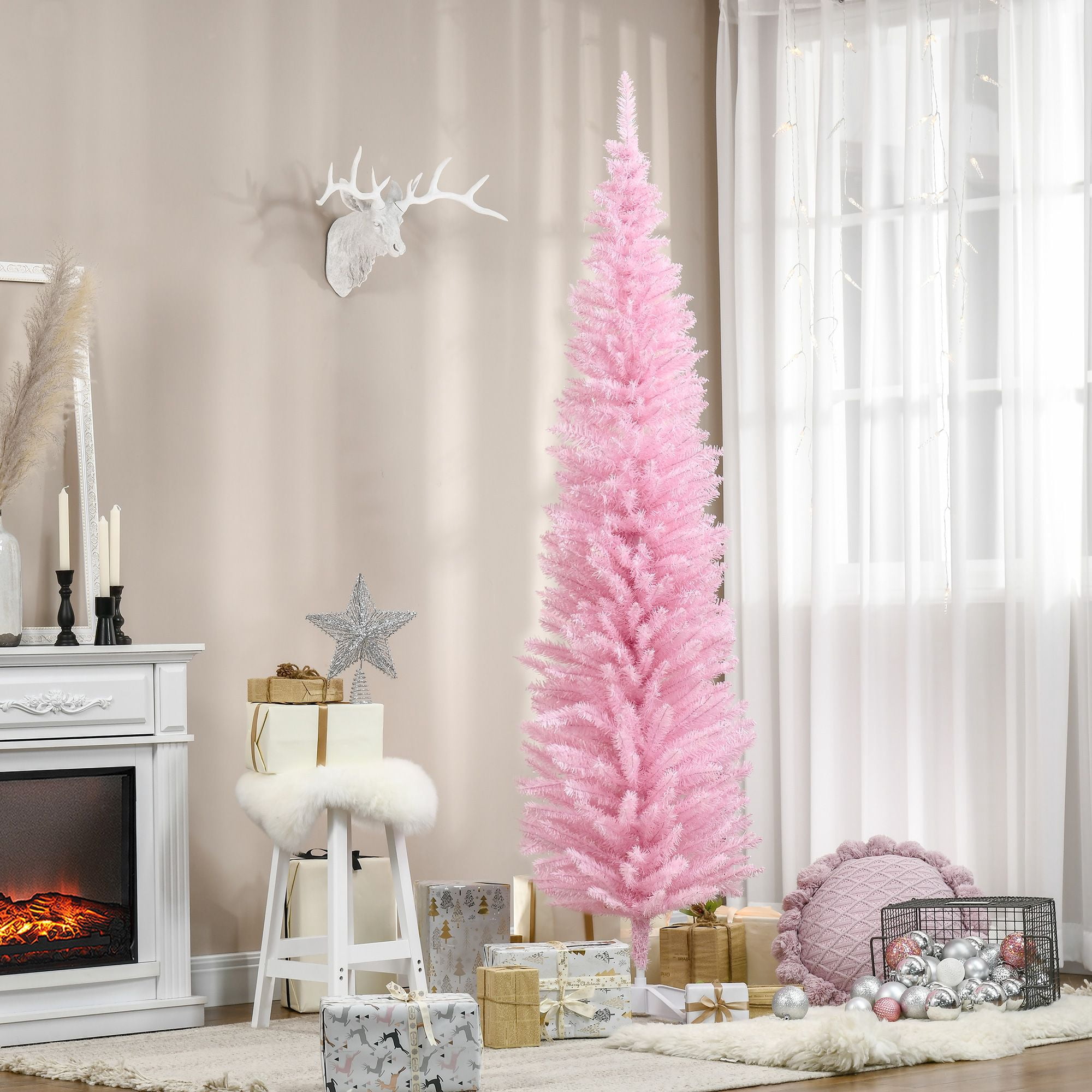 7 ft Artificial Pencil Christmas Tree, Slim Unlit Xmas Tree with 499 Branch Tips and Plastic Stand for Small Rooms and Apartments