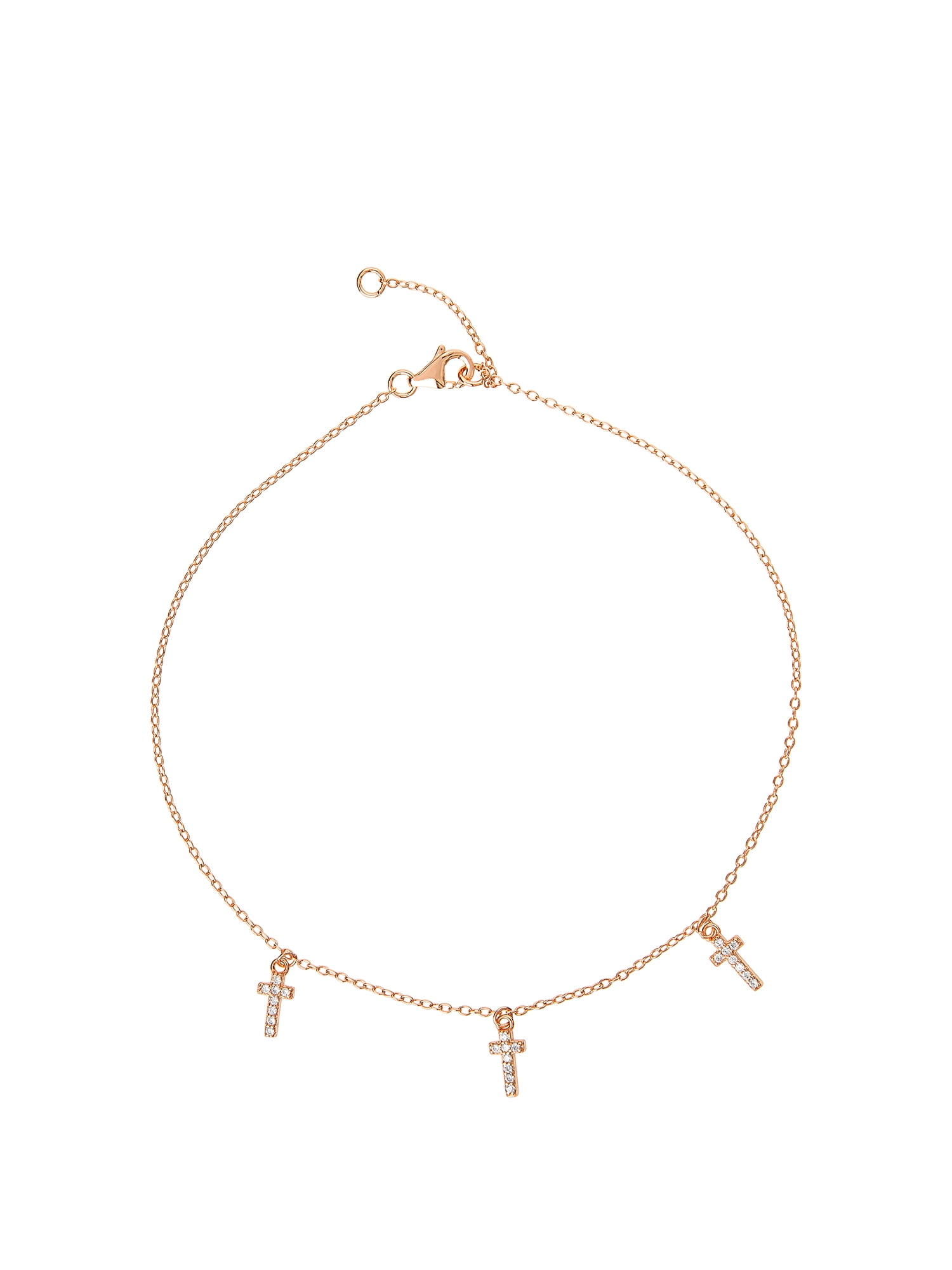 Sterling Silver 14KT Pink Gold Plated Cross Anklet, 9' + 1'
