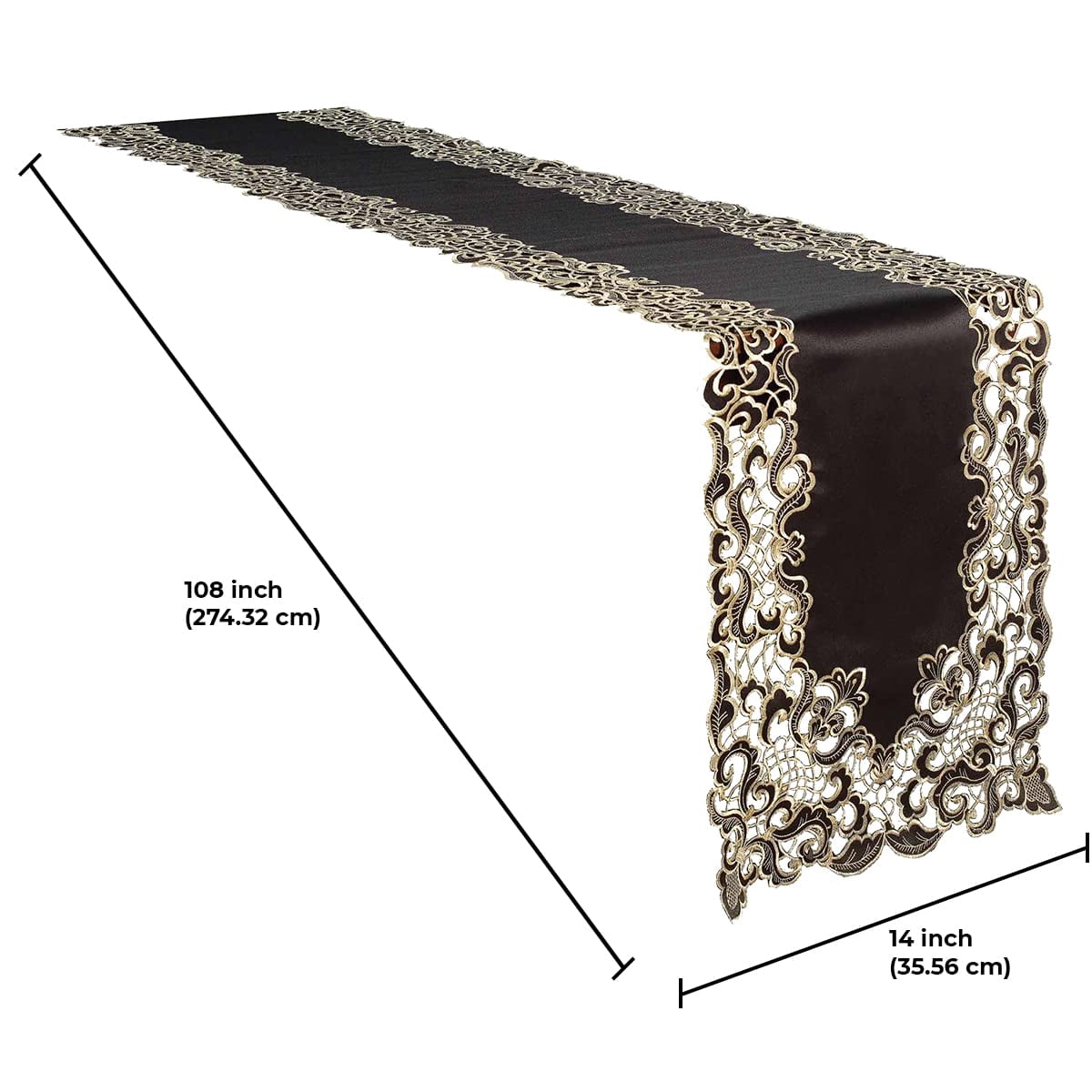 Gold Lace Black Table Runner - Dresser Scarf European Embroidery - Perfect for Kitchen Dining Room Home Decor Wedding Receptions - 14 x 108 inches - The Granada Collection