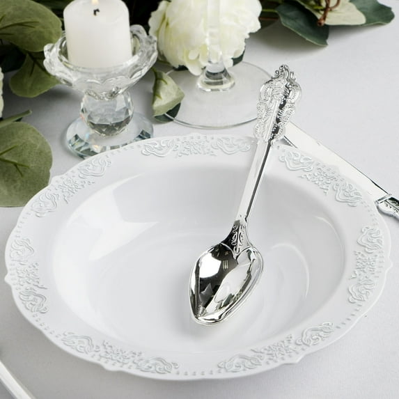 BalsaCircle 10 Pieces 12 oz White Plastic Bowls Silver Trim Disposable Event Tableware